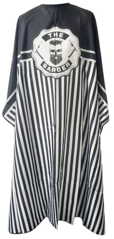 Kobe Professional Extra Large Barber Gown, Skull & Cut Throat Tattoo Design, Water Resistant Hairdressing Cape with Adjustable Neck, Black & White Striped