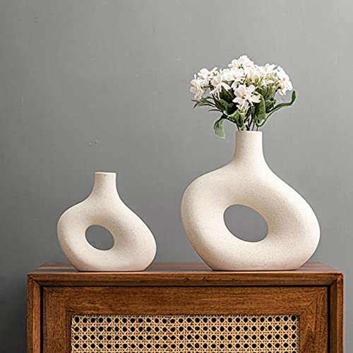 XIUWOUG Keramik Vase für Pampasgras,Dekorative Blumenvase, unregelmäßige Donut-Vase,Matt Keramik Wohnzimmer Deko Vasen Für Dekoration Und Geschenk (nur Vase),2pcs