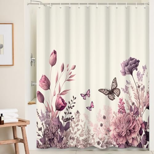 Ttincceer 180x180cm Fiore doccia tenda retro viola fiore farfalla bagno tende con ganci Vintage campagna impermeabile vasca da bagno accessori decorativi
