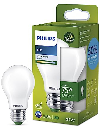 Philips Ultra Efficient - Ultra energy saving lights, LED light source, 75W, A60, E27, Cool White 4000 kelvin, frosted