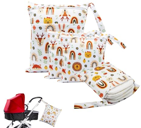 Zeuwets Wetbag, 4 Stück Nassbeutel, Windeltasche Wickeltasche, Wet Bag Kindergarten, Nasstaschen wiederverwendbare Organiser Beutel mit Reißverschluss für Baby Kleinkind Windeln Reisen Gym Strand Pool