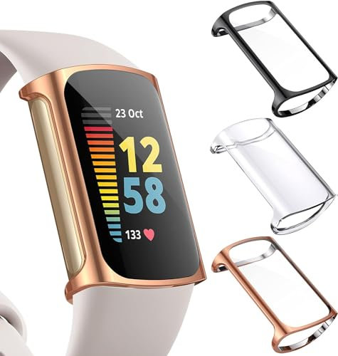 Compatible for Charge 6 Case, Blueshaweu All-Around Protective TPU Bumper Cover Screen Protector Case Cover Compatible for Fitbit Charge 6/Charge 5 Smartwatch (Clear+Rose Gold+Black)