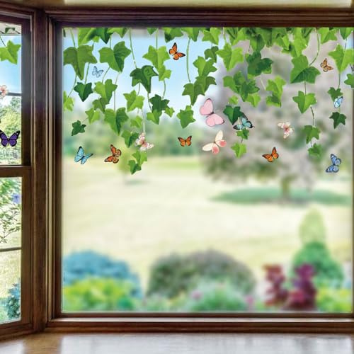ORIGACH 6 Blätter Efeu Fensteraufkleber Hängende Grüne Rebe Doppelseitige Fensterabziehbilder Immergrüner Efeu Schmetterling Anti-Kollision Glas Fenster Aufkleber für Haus Küche Kinderzimmer