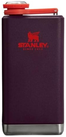 Stanley Adventure Bouteille de fête pré-fête de 236,8 ml – Flasque étanche – Bouchon à charnière connecté pour ne jamais perdre – Conteneur isotherme en acier inoxydable – Sans BPA – Prune