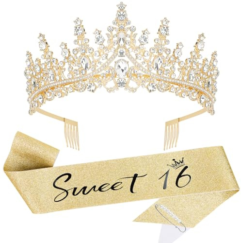 Casoty 16th Birthday Sash and Tiara for Girls, Gold Crown and Sweet 16 Sash Set with Pearl Pin, 16th Birthday Decorations Gifts for Girls