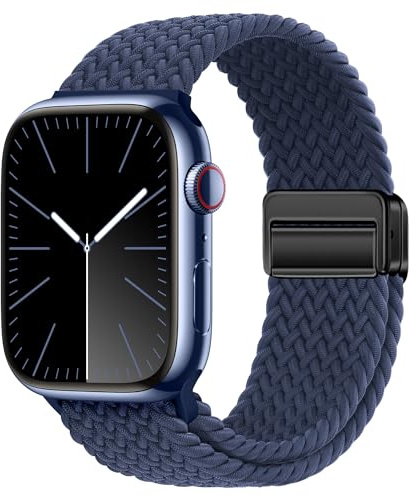 Kompatibelt med Apple Watch-armband 42mm/44mm/45mm/46mm/49mm. Flätat herrband, magnetiskt nylonband för Apple Watch Serie 4/5/6/7/8/9/10/SE/Ultra 2. Elastiskt tygarmband för Apple Watch Midnight Blue