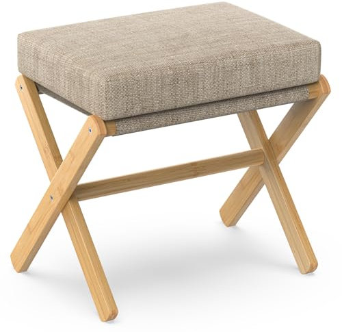 BAMBOOHOMIE Makeup Eitelkeit Hocker, Faltbarer Fußhocker mit Bambus X Beinen, Ottoman Fußstütze Stuhl für Vanity, Moderne Fußhocker klein gepolstert für Wohnzimmer (Natürlich - Braun)