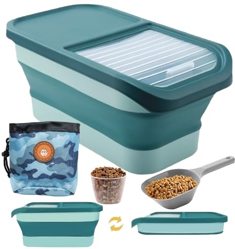 Mumjooyi Hundefutter Aufbewahrung Futtertonne Hund Futterbox 5kg Dog Food Container Faltbar mit Deckel Schaufel Messbecher Futterbehälter für Hundefutter und Katzenfutter (Grün)