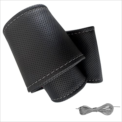 Lenkradbezug Pu Leder, Auto Lenkradhülle zum schnüren Nähen mit Nadel und Faden gepunktet UNIVERSALGRÖSSE 37-39 cm M2 Schwarz Graues Naht