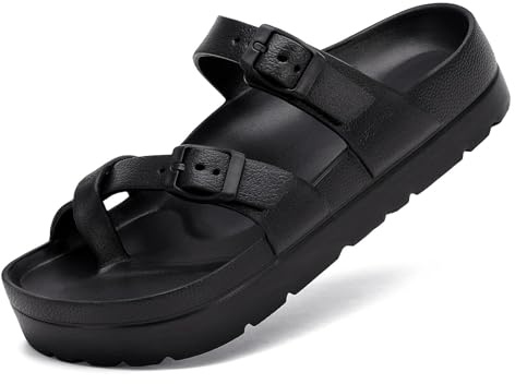 Waysoland Women's Platform Sandals with Arch Support Comfortable Slides Thick Soles Flat Sandals With Adjustable Buckle & Ultra Cushion(Black,6 UK)