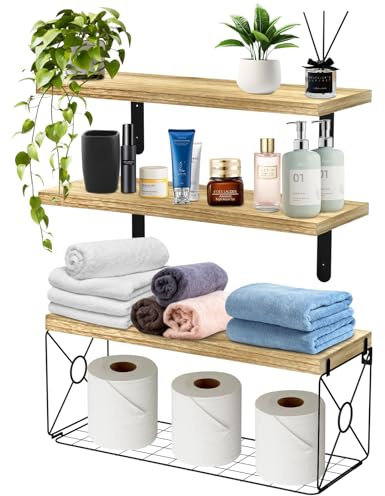 Jangostor Schwimmende Wandregal mit Drahtkorb für Wand, Satz von 3 Schweberegale Wandregal, 40 cm Schwebende Regale aus Holz für Badezimmer Schlafzimmer Wohnzimmer Home Wand Dekor, Rustikal