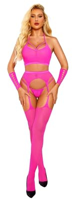 RSLOVE Sexiga nätunderkläder bodybuilding - damkläder, 4-delat underklädesset med handskar och strumpbyxor, Fluo rosa, One Size