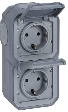 LEGRAND, Plexo New 069744L Double prise Schuko standard pour pièces humides, avec couvercle à charnière, protection contre les contacts, bornes enfich