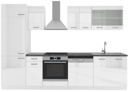 Vicco Küchenzeile R-Line, Weiß Hochglanz/Weiß, 300 cm | 8 Module · Höhenverstellbare Füße · AP Anthrazit inkl. · Robuste Fronten · Mit Kühlschrankumbauschrank