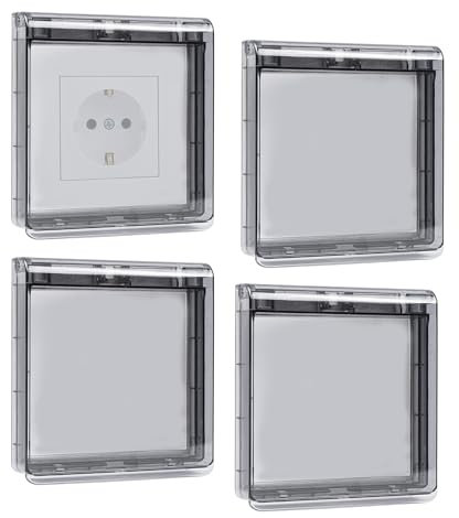 Cache Interrupteur Mural, Type 86 Réversible Cache Prise Murale Étanche, Ultra-Mince Sans Perçage Cache Prise Electrique pour Salle de Bain, Chambres, Cuisine, Extérieur, 4 Pièces