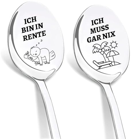 DIKARIYA Ruhestand Geschenke Löffel mit Gravur Renteneintritt Geschenk Frau | Kaffeelöffel mit Gravur ICH BIN IN RENTE, ICH MUSS GAR NIX, Rente Geschenke für Kollegin Kollegen Rentner Abschiedsgeschenk