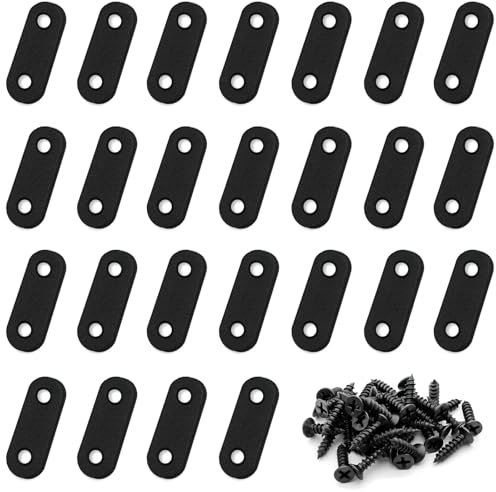 28 PCS Flat Bracket, 1.81x0.62 Inch Straight Brackets for Braces, Stainless Steel Black Mending Plates for Wood, Metal Brackets for Wood Furniture Chair Drawer Cabinet