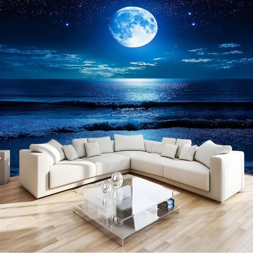 Wallpaper Carta Da Parati Murale Effetto 3D Cielo Notturno Luna Mare Natura Blu 250x175 cm Fotomurali Sfondo Murale Moderne Decorazione Soggiorno Camera De Letto Sala Ufficio