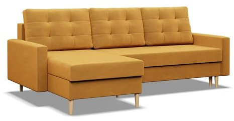 Mebligo - Ecksofa mit Schlaffunktion und Bettkasten BLANK, 223x88x140 cm, Universelles Eckcouch, Rechte oder Linke Seite Couch, Wohnzimmer Schlafsofa. L Couch mit Schlaffunktion - Gelb