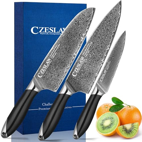 Czeslaw Juego de Cuchillos de Cocina, Juego de Cuchillos de Cocina Japoneses de acero Damasco, Juego de Cuchillos de Chef negro Profesional de 3 piezas, Calidad y Mango Ergonómico de ABS