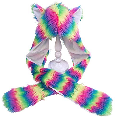 Hkfgdjdl Winter Warmer Kapuzenschal Kopftuch Halswärmer Mit Taschenhandschuhen Tierohr Regenbogen Fleece Plüsch Earflap Fäustlinge