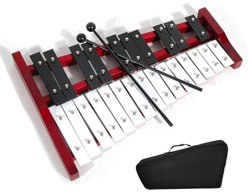 25 Noten Glockenspiel Xylophon, Glockenspiel mit Metalltasten & Holzsockel Handpercussion mit 2 Schlägeln tragbar Tragetasche Schlaginstrument, Musikinstrument für Jugendliche & Erwachsene