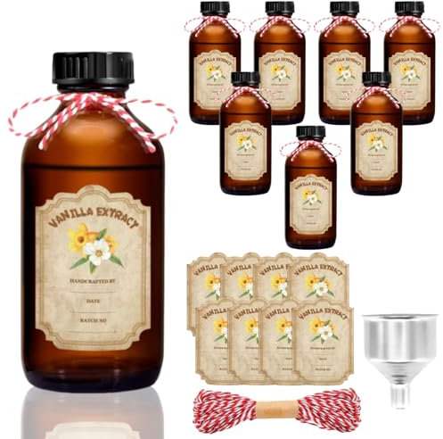 MEETOZ Botellas de vidrio de extracto de vainilla, botella de vidrio ámbar con tapas marrón, botellas redondas de vidrio ámbar Boston, para regalo de jarabe, recipiente de almacenamiento de alimentos,