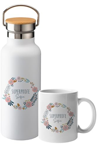 Set Taza y Botella Térmica Personalizada SuperProfe Botellas de Agua Acero Inoxidable Doble Capa 500 ml Bebidas Frias y Calientes Regalo profesora regalo profe