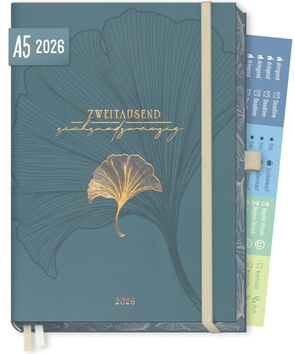 Häfft® Business-Timer Deluxe 2026 A5 Blue Ginkgo 1 Woche 2 Seiten | Terminplaner, Wochenkalender, Terminkalender, Wochenplaner