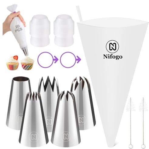 Nifogo Boquillas Manga Pastelera Profesional Extra Grande 42 Piezas, 5 Boquillas de Acero Inoxidable, Manga Pastelera de Algodón Reutilizable para Decorar Tartas Pastel, Kit Reposteria