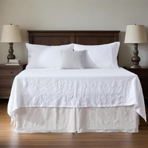 QKTE Belgian 100% Linen Bed Skirt with 14 Inch Drop, Easy Fit Breathable Soft Dust Ruffle King Size Bed Skirt - Premium Natural Flax- Basic Linen, King
