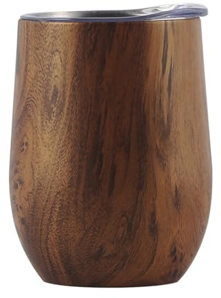 PKRANZYHKAL Edelstahl-Weinbecher, isoliert, 340 ml, mit Deckel, tragbare Reise-Weingläser, BPA-frei, langlebige 304-Innenseite, rutschfester Griff, perfekt für Geschenke und Abenteuer, Teakfarbe