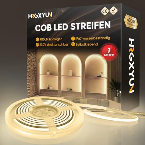 HRGXYUN 230V COB Ruban LED Extérieur, 240 LEDs IP67 Etanche Autocollant, Bande LED 900LM Sans Transformateur Flexible Découpable pour Chambre, Cuisine, Exterieur Décoration, 4000K Blanc neutre, 1m