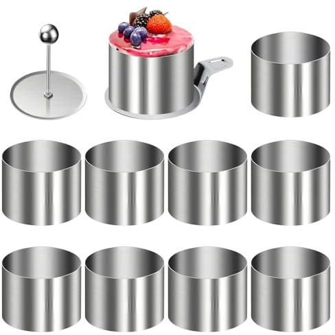 HSUYUN Dessertringe 8 cm, 10 Stück Servierringe, Edelstahl Tortenring Klein, mit Bodenplatte und Heber, Silberfarben Kuchenring Set, für DIY-Kuchen, Mousse, Desserts