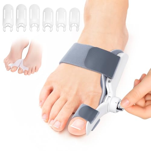 POFIBO Corrector de juanetes – Corrector juanetes nocturno y día con férula ajustable y 6 placas correctoras + 2 separadores de dedos de silicona para aliviar juanetes, dedos torcidos y pies doloridos