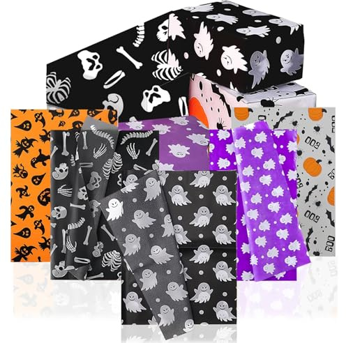 50 Blatt Halloween Seidenpapier Bulk-35 x 50 cm Halloween Geschenkpapier, 5 Muster Kürbis Spinnen Geister Geschenk Verpackung, Geschenkpapierbögen,Seidenpapier für Kinder DIY Hallo-ween Dekoration