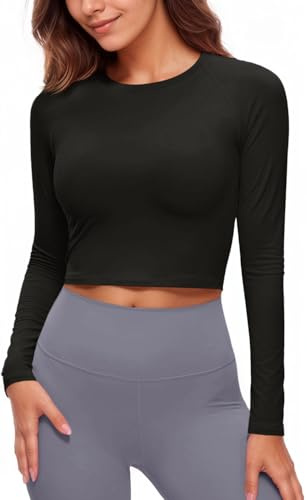 Fisoew Maglietta sportiva da donna UPF 50+, protezione solare a maniche lunghe, girocollo, per yoga, allenamento, crop top, traspirante, slim fit