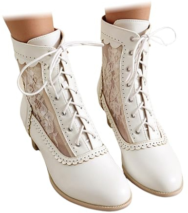 Stivali corti da donna con cinturino in vernice tacco medio scarpe da festa con rete di pizzo semitrasparente tradizionale scarpe da ballo bavarese tedesco Dirndl, bianco, 36 EU