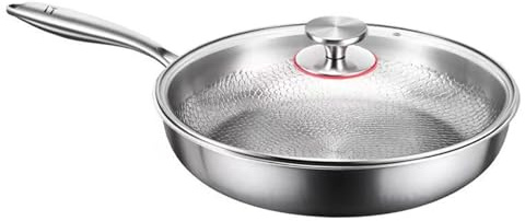 Qsvbeeqj Sartén de metal de alta calidad con cubierta de vidrio, 3 capas, liberación de aceite, ideal para saltear, hornear, asar, cacerola de metal con tapa para dieta