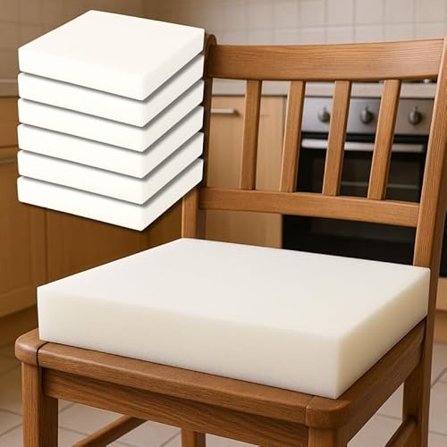 Set 6 Spugna per Cuscini 45x45, Spugna per Imbottitura Cuscini Sedie Cucina e Cuscini Divani e Divanetti per Interno ed Esterno, in Morbido Poliuretano Espanso per Imbottitura (45x45x5)