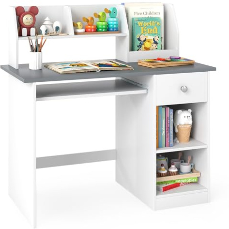 COSTWAY Kids Study Desk, Wooden Children Table with Drawer, Shelves, Hutch, Keyboard Tray, School Students Workstation for Studying, Reading and Drawing (White+Grey)