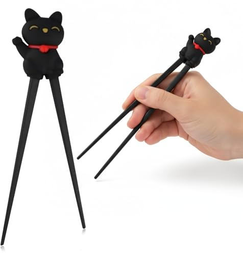 Ätpinnar barnset – ätpinnar hjälp, återanvändbara halkfria träningspinnar med söt lyckokattdesign för ramen och asiatiska bordsartiklar (svart maneki-Neko)