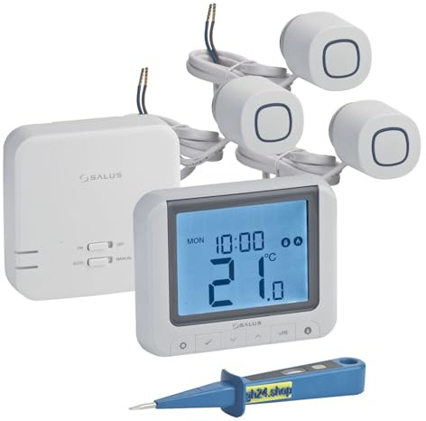 SALUS Controls Heizung Einzelraumregelung Digitaler Funk Raumthermostat mit Empfänger, 3X Stellantrieb und 1x gh24 Phasenprüfer