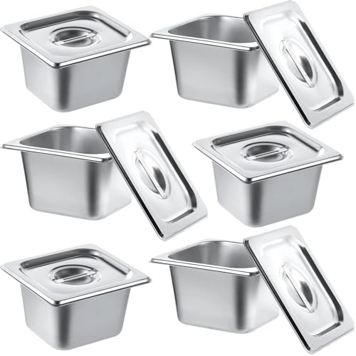 Varku Juego de 6 sartenes de acero inoxidable, 1/6, 10 cm de profundidad, con tapa, sartenes de catering con tapa, sartenes de mesa de vapor, recipientes apilables (plata, 6 unidades)