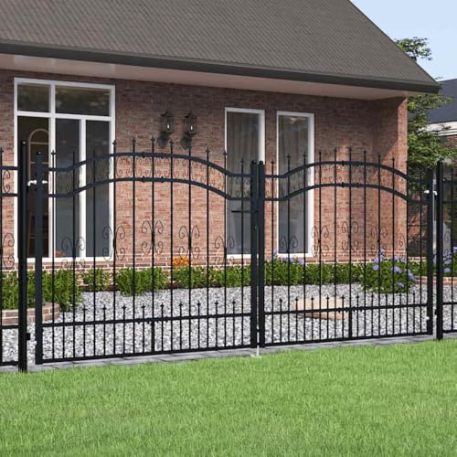 Mokuyary Zauntor mit Speerspitze Schwarz 305 x 125 cm Pulverbeschichteter Stahl Zauntür, Gartentür Zauntor Zaun, Hoftür Tor für Garten, Hinterhof, Terrasse