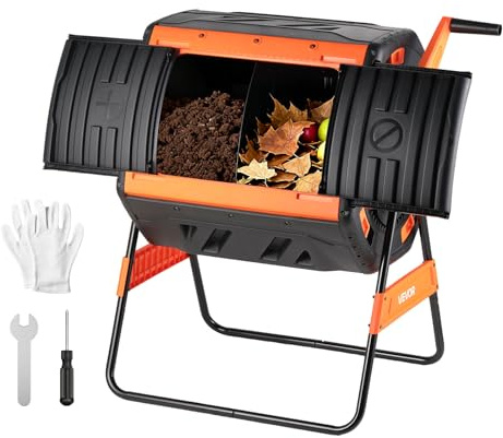 VEVOR Composteur de Jardin Rotatif, Bac à Compost Capacité 200 L à Double Chambre, pour Compostage des Déchets Cuisine Jardinier Extérieur, en PP, avec 2 Portes Coulissantes et Système d'Aération