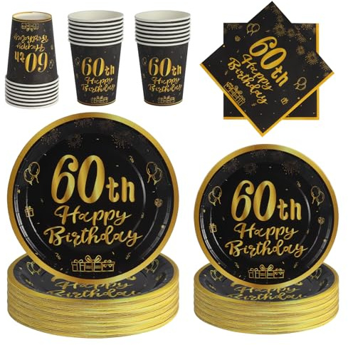 PYAILI 96 Pezzi Set Stoviglie Compleanno 60 Anni, Servizio 24 Persone, Piatti, Bicchieri, Tovaglioli e Biglietti di Auguri