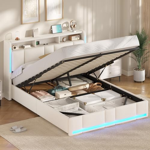 AOGLLATI Polsterbett 160×200 mit Steckdosen & LED Beleuchtung, Doppelbett 160x200 mit Stauraum Kopfteil & Hydraulischem Stauraum, Bettgestell mit Lattenrost,Jugendbett, Linen, Ohne Matratze,Beige