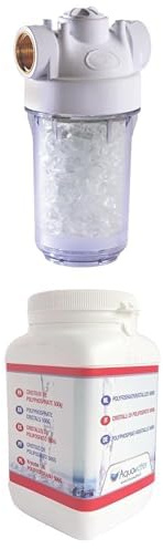 Bundle AQUAWATER - Mini-filtre anti-calcaire pour chauffe-eau 105408, protection efficace, filtration polyphosphate, débit max 110 l/min + Recharge antitartre 500g