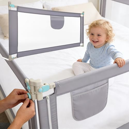 Barrera Seguridad Niños Cama, Barandilla Cama 150+200+200cm, Protección Anticaídas con Malla Transpirable, Barandilla Regulable en Altura 69-98 cm, Pasamanos con Bolsillo Lateral, Apto para Boxspring